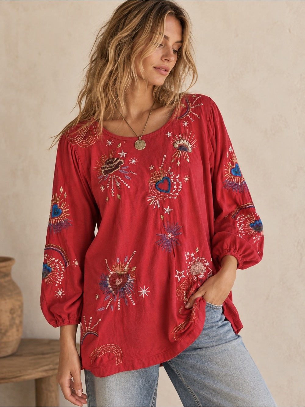Johnny Was Maris Red Embroidered Celestial Heart Puff Sleeve Top Boho Whimsical